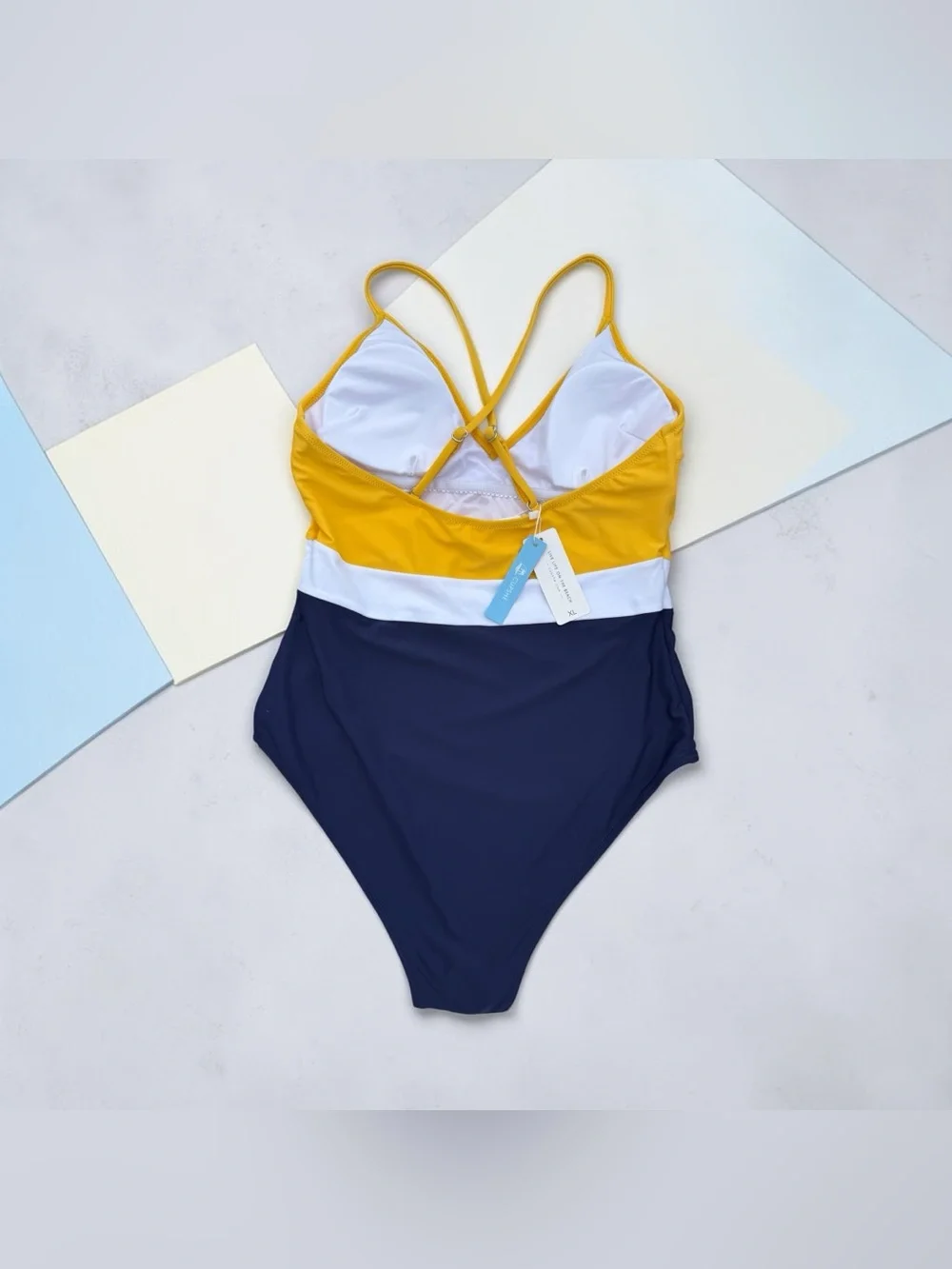 Cupshe colorblock V-Neck One-Piece Swimsuit in Mustard, White & Navy
